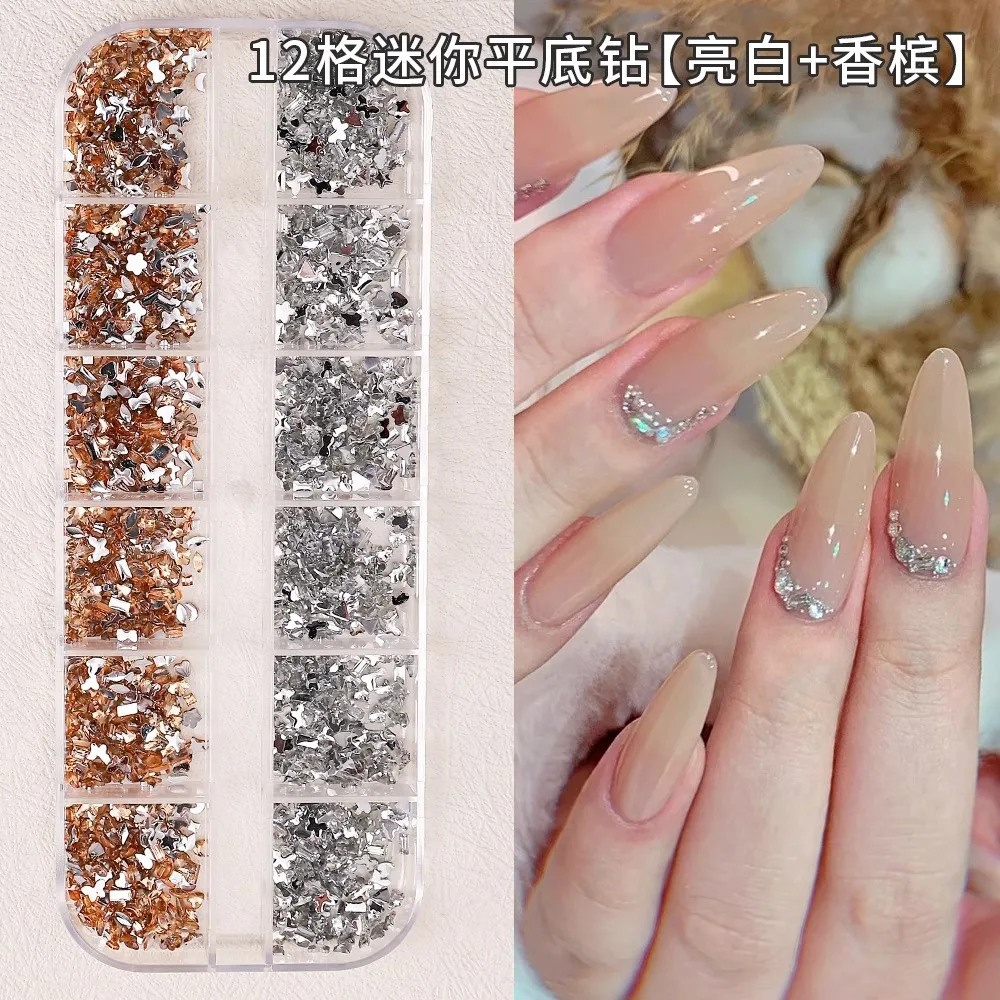 12 그리드 핑크 혼합 네일 라인 석 럭셔리 네일 참 반짝이 크리스탈 쥬얼리 보석 네일 아트 장식 DIY 매니큐어 라인 석