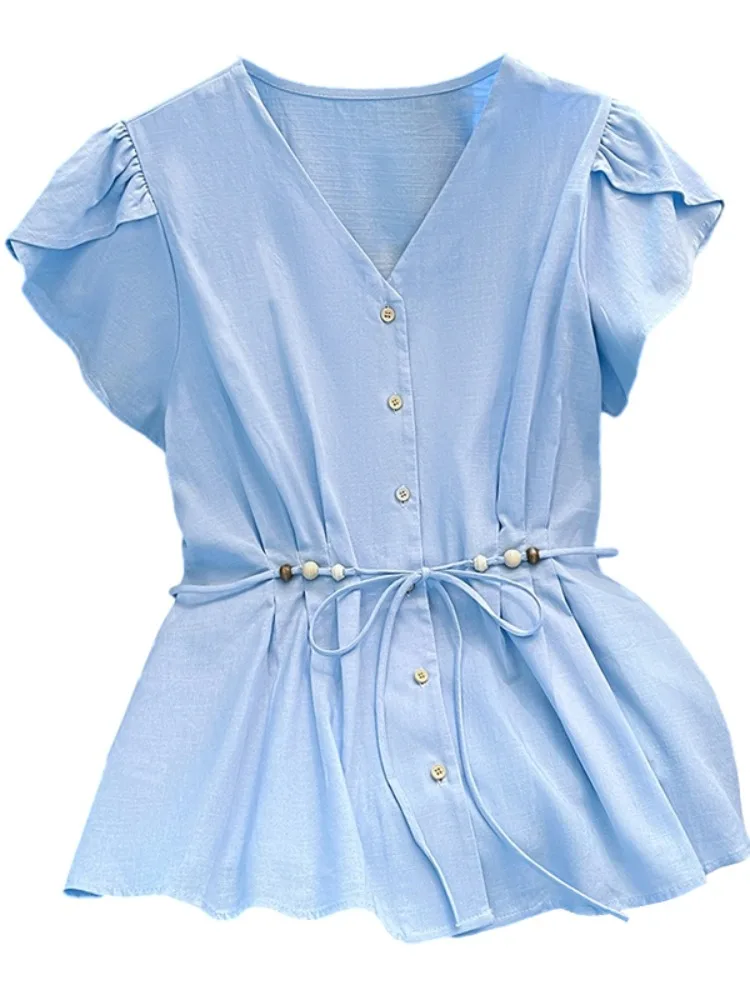 Slimming V-Ne ort Sve irt Women's Summer Self-Preservation Sle Belted Korean Version Loose Fit Button Decorated Top