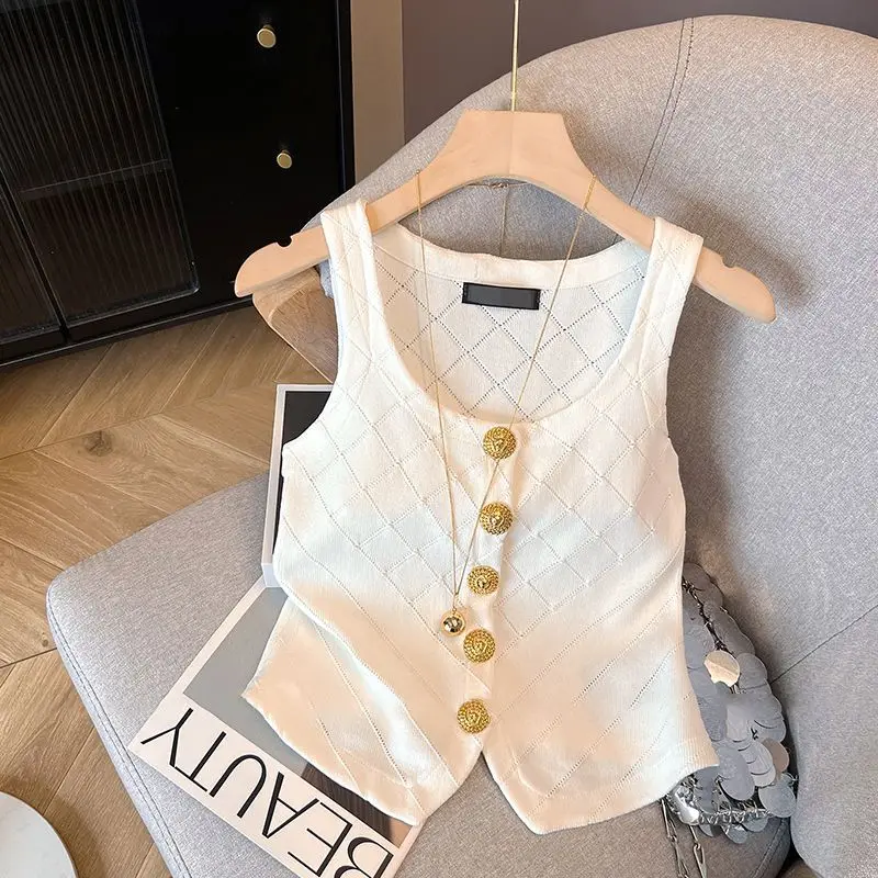 French Style Knitted Suspender Vest for Women in Summer New Slim Fit and Slim Temperament Outside with Sleeveless Short Top