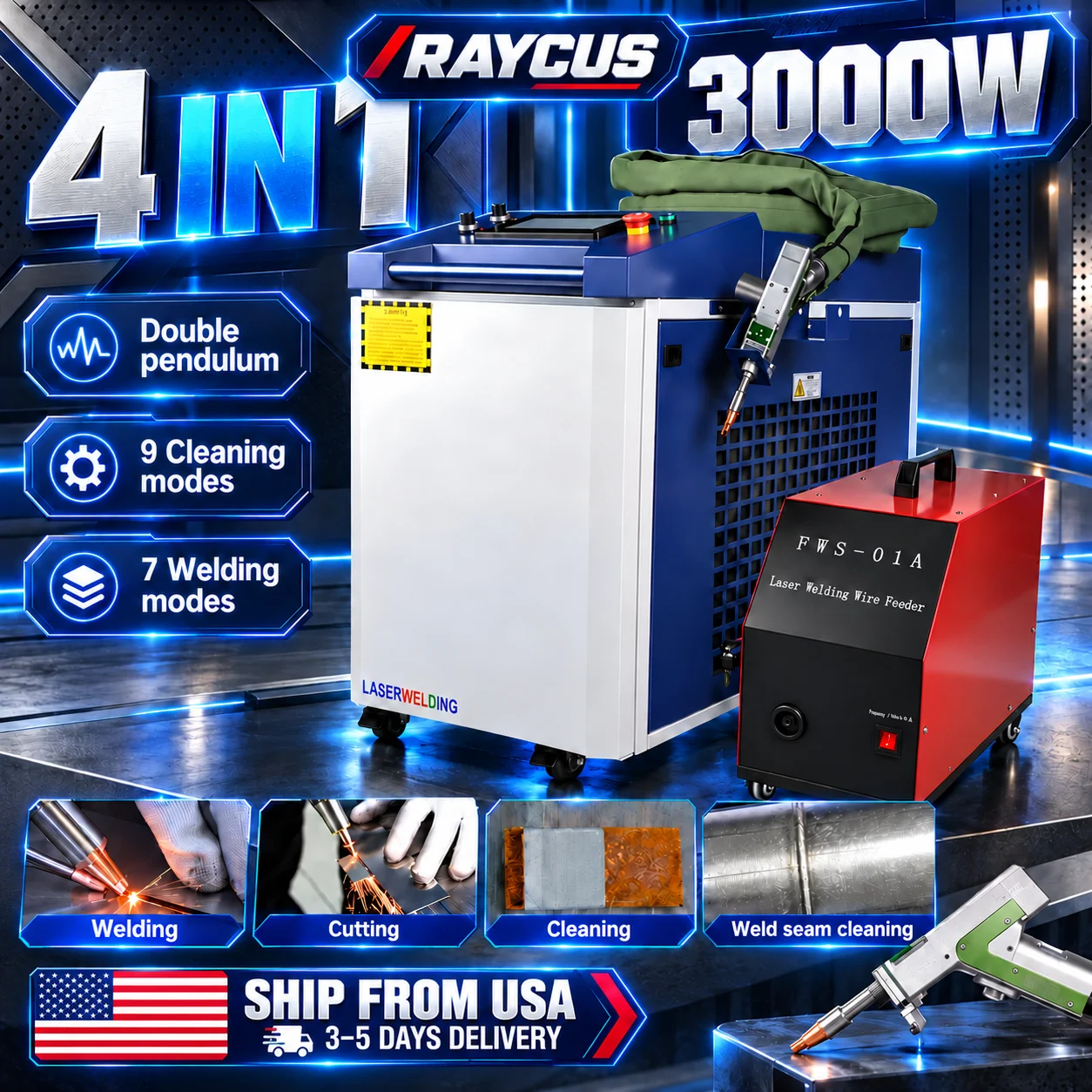 Raycus 3000W Laser Welding Machine Double Pendulum Machine 4 in 1 Laser Welding Cleaning Cutting for Metal AU Stock