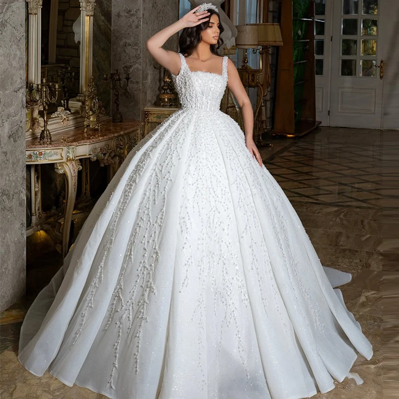 Glitter Hochzeit Kleid Organza Mit Perlen Prinzessin Ballkleid Ärmelloses Quadrat Kragen Braut Kleid Angepasst Vestido De Novia