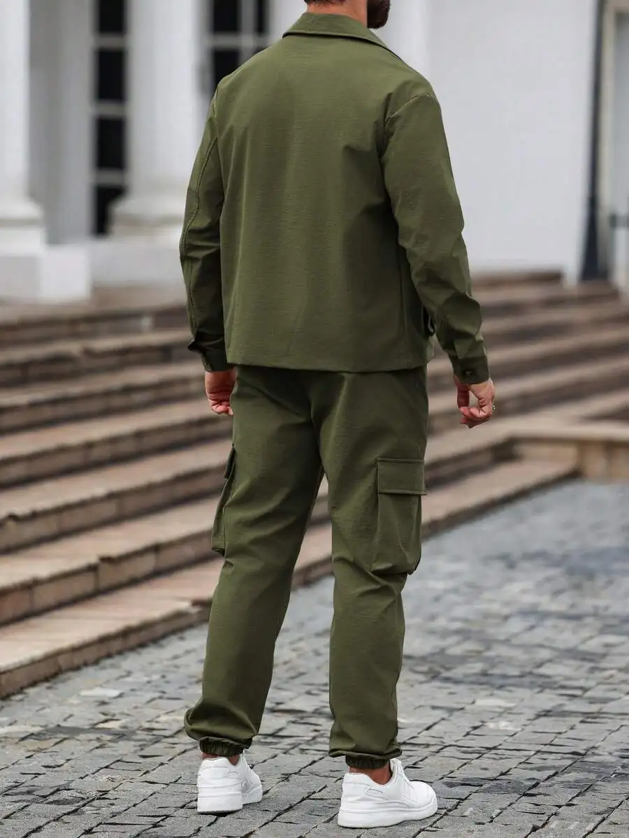 

Olive Green Men’s Long Sleeve Single-Breasted Cargo Suit With Pants, Casual Autumn Outfit