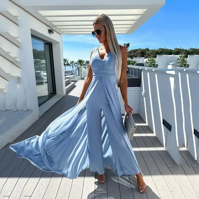 

Sexy V-neck Women Prom Jumpsuit Solid Color Wide Leg Sleeveless Breathable High Waist Elegant Lady Playsuit Female Clothes OFE10