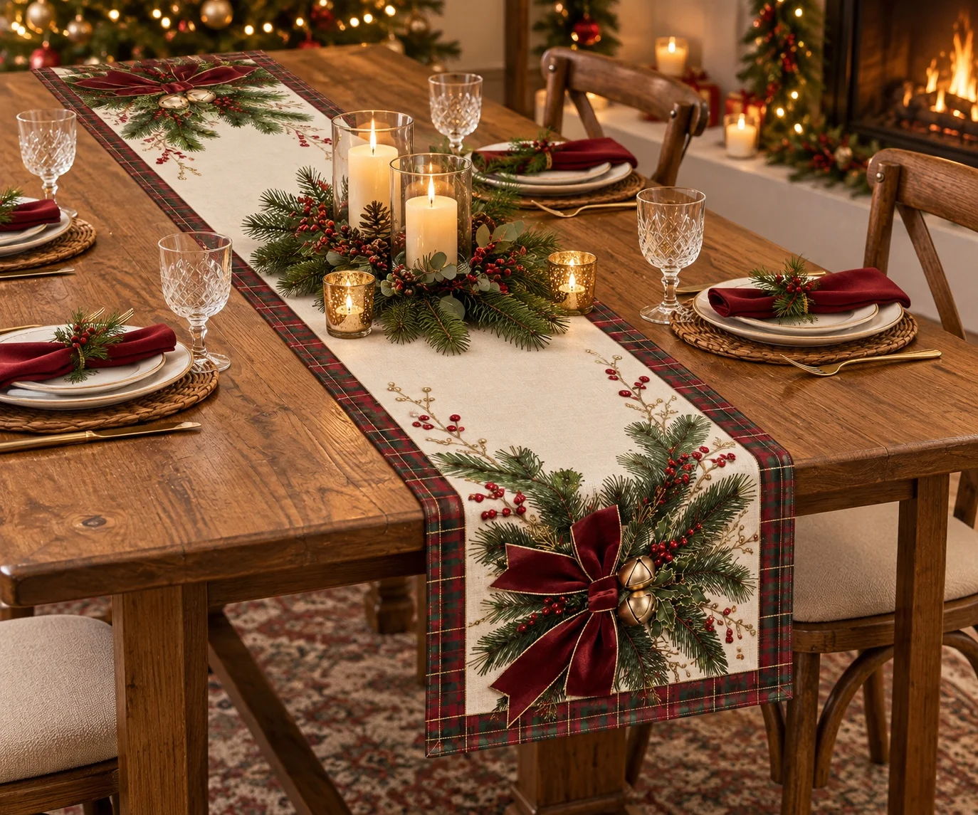 Christmas Table Runner Plaid Red Bow Bell Pine Branch Tablecloth Holiday Dining Table Decor Party Home Decoration