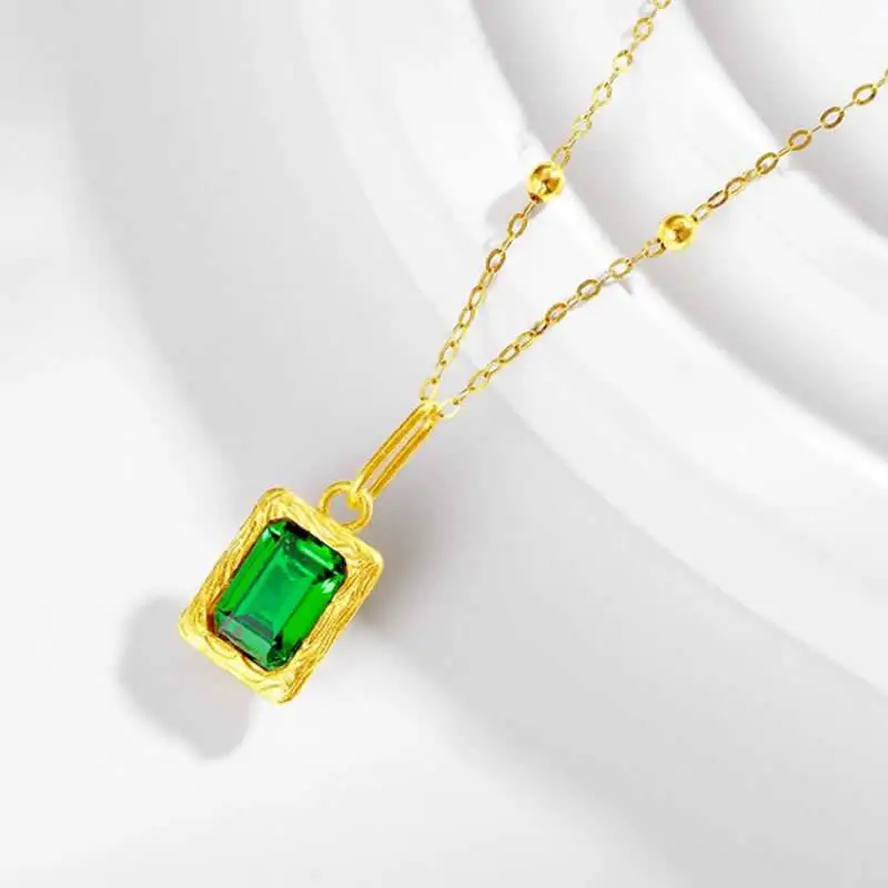 New 24K Yellow Gold Pendant Women Emerald oblong Necklace Pendant