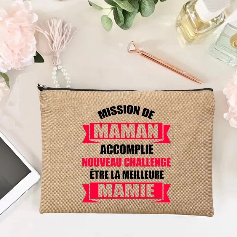 French Print  Zipper Cosmetic BagTata Gift for Mamie Makeup Bag Grandmother Travel Neceser Toiletry Pouch Pregnancy Announcement