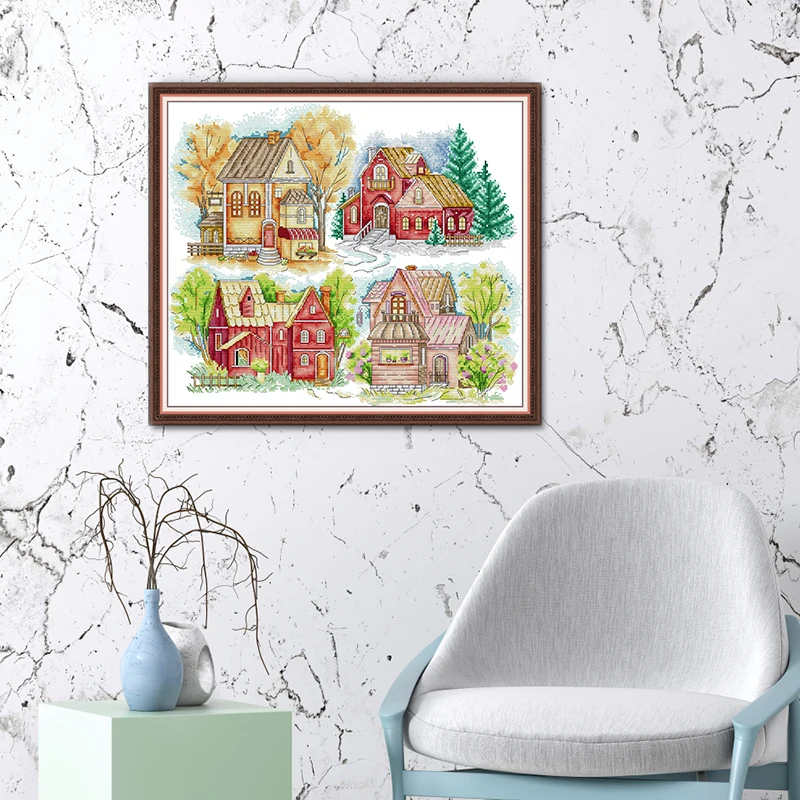 Four Seasons Color Cabin Counted Cross Stitch Kits DIY DMC Handmade 11CT 14CT Stamped Embroidery Needlework Home Decor Gifts