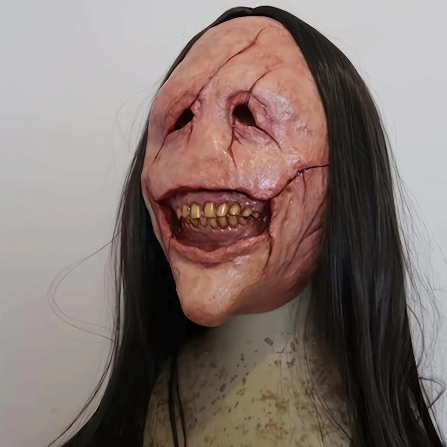 

Scary Halloween MaskScary CostumesCreepy Grin Smiling Red Scar Face Demon Latex Mask with Black Long Hair