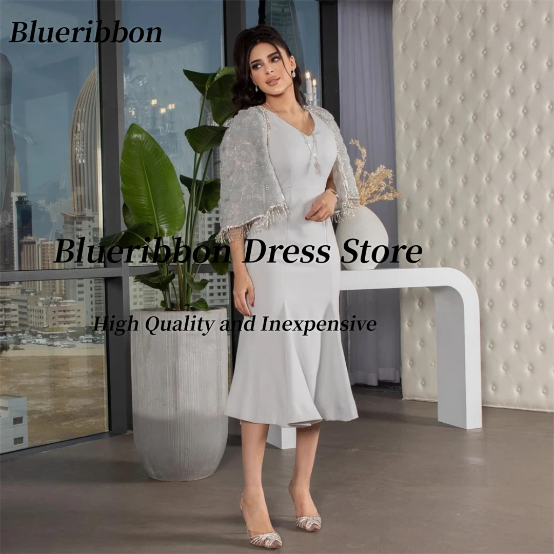 Blueribbon Saudi Ladies Wear V Neck Prom Dresses with Beaded Flowers Tassels Shawl Evening Gowns Bespoke Tea Length Party Dress