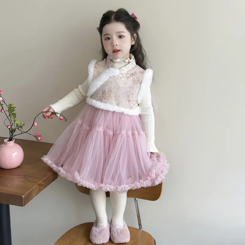 

Girls' Fleece-Lined Vest Princess Dress Autumn Winter New Fashionable Knitted Princess Dress Children's Versatile Clothing