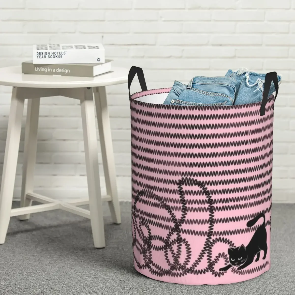 Unravel (Black Cat On Pink) Circular Hamper, Storage Basket Waterproof Living Rooms Storage Of Clothes