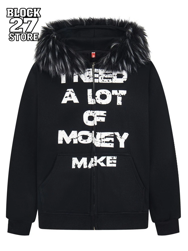 رجل هوديي الشارع الشهير الأسود فو الفراء هود زمم البلوز إلكتروني طباعة تصميم فضفاض صالح صوف مبطن الاتجاه الرجعية موضة جديدة