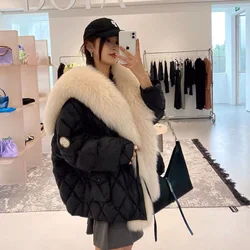 Jaqueta puffer fofa para mulheres, casaco de luxo, gola de pele de raposa falsa, pena solta, parka feminina, outwear de neve, à prova de vento, novo inverno, 2022