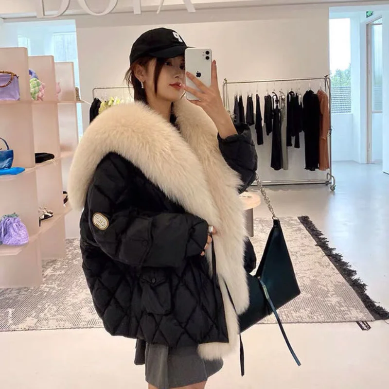 2024 Winter New Women Big Luxury Faux Fox Fur Collar Coat Fluffy Loose Puffer Jacket Feather Female Parka Snow Outwear Windproof