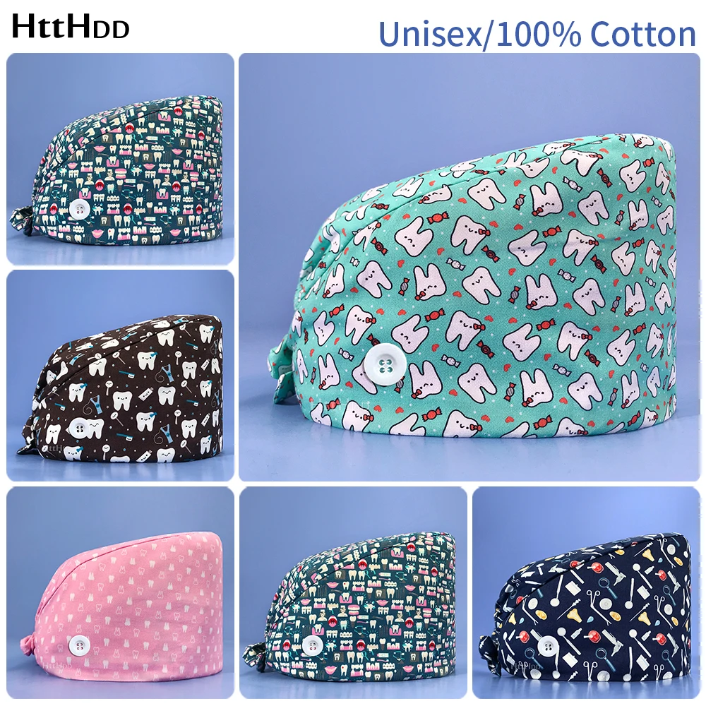 Gorro ajustable con estampado de dientes para mujer, gorro quirúrgico con botón de dibujos animados para salón de belleza, médico, enfermería, laboratorio