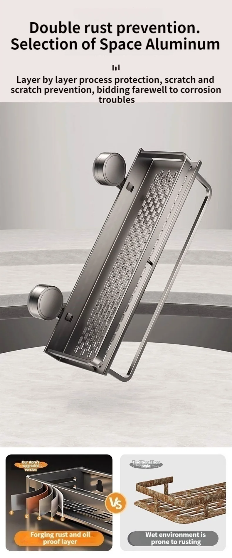 Kein Bohren, Saugnapf, selbstklebendes Badezimmerregal, Badezimmerregal, Toilette, Aluminium-Hängeregal, Badezimmer-Organizer, zum Aufhängen an der Wand – Detail 11