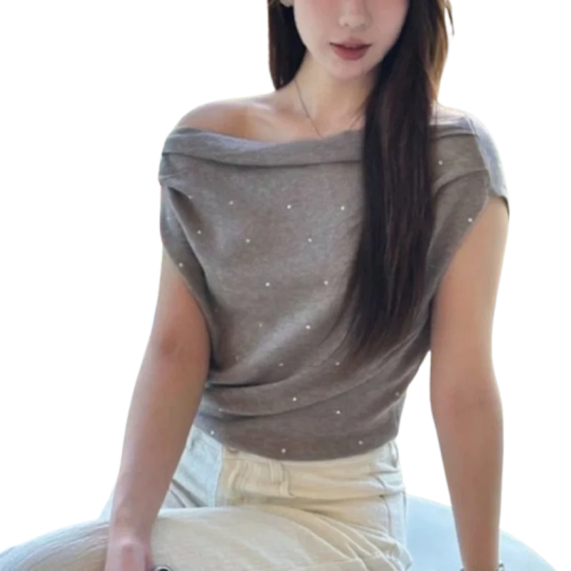 Short Sleeve Off-shoulder Summer Blouse 2026 Fashion Women Loose Top Sweet New Slanted Shoulder Elegant Casual Solid T Shirt
