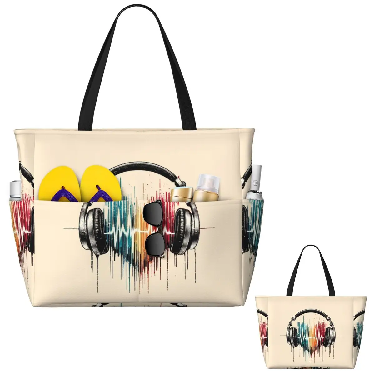 

Heart Shaped Music Note With Headphones Beach Tote Bag Sport Gym Yoga Duffle Large Tote Bag Women Travel Bag Fitness bag