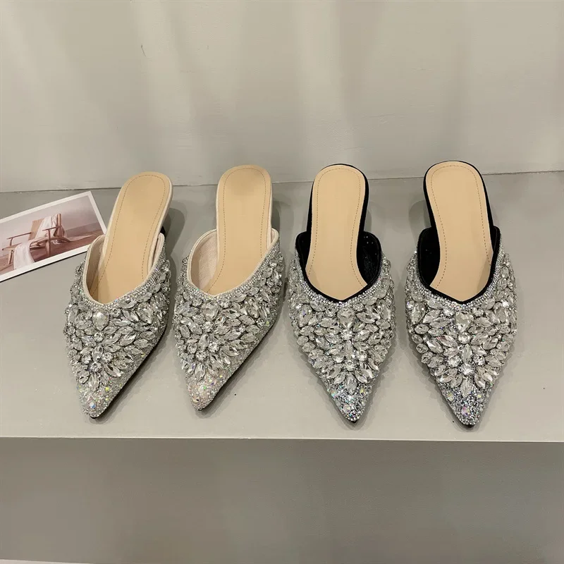 Stiletto Rhinestone Slippers Pointed Toe Women's Versatile Mule Slippers Women's Fashion