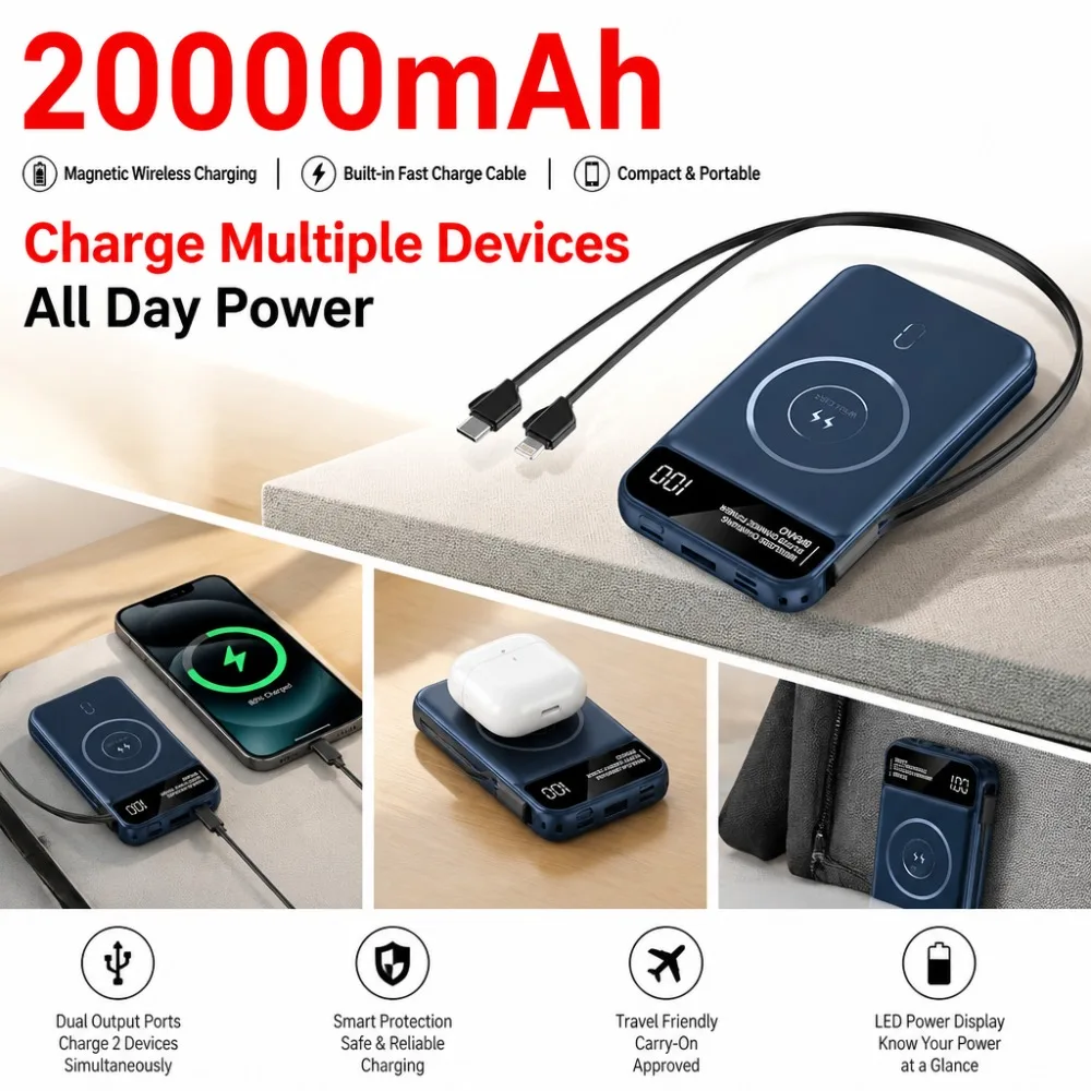 20000mAh Magnetic Portable Charger, Fast Charging Built-in Cables, Compact Power Bank with Wireless Charging for Smartphones