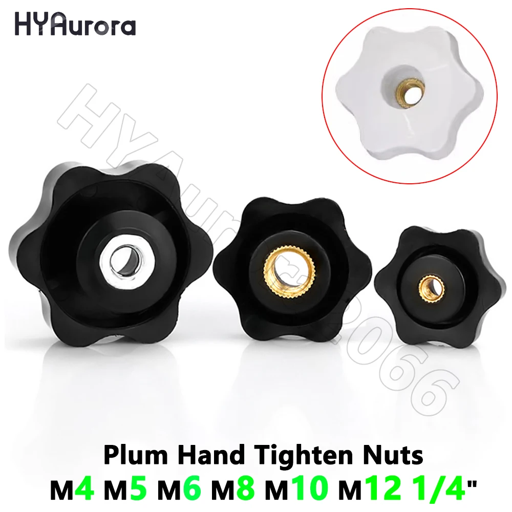 Plum Hand Tighten Nuts 6 Star Through Hole Clamping Knob White/Black Plastic Thumb Nuts Screw-On Handle M4 M5 M6 M8 M10 M12 1/4