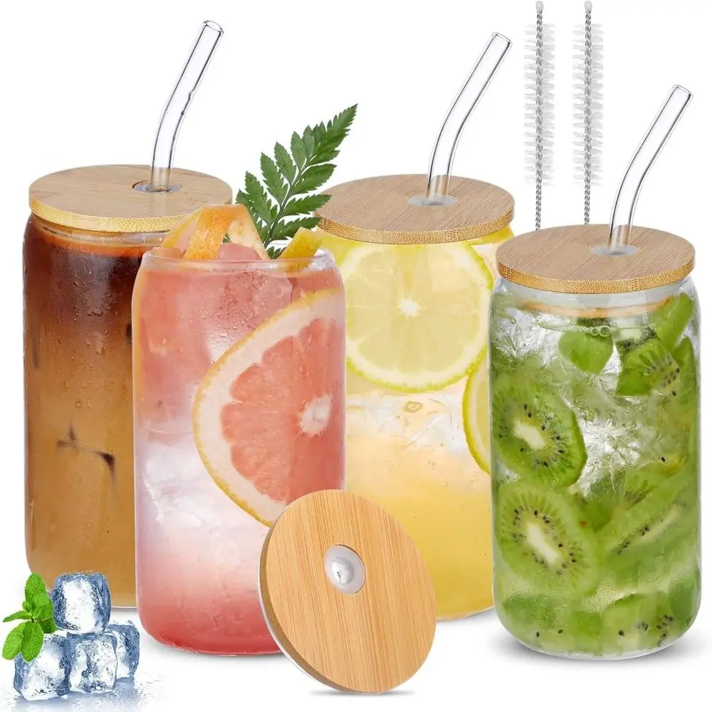 

Stylish 500ML Matcha Glass With Straw Bamboo Lids Coffee Mug Mason Jars for Cocktail Whiskey Milk Juice Cola
