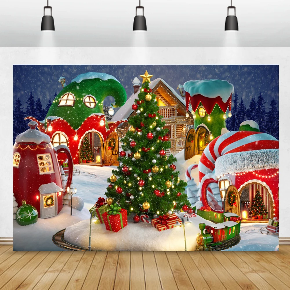 Laeacco Winter Backgrounds For Photography Snow Pine Village Yard Merry Christmas Doll Child Scenic Photo Backdrop Photo Studio