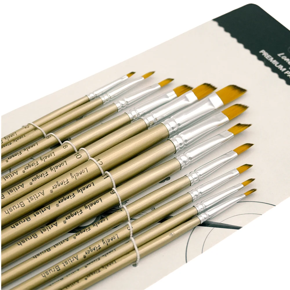 12pcs Angle Tip Nylon Hair Artist Paintbrushes for Acrylic Watercolor Oil Ink Canvas Painting, Face Body Nail Art, Model, Rock
