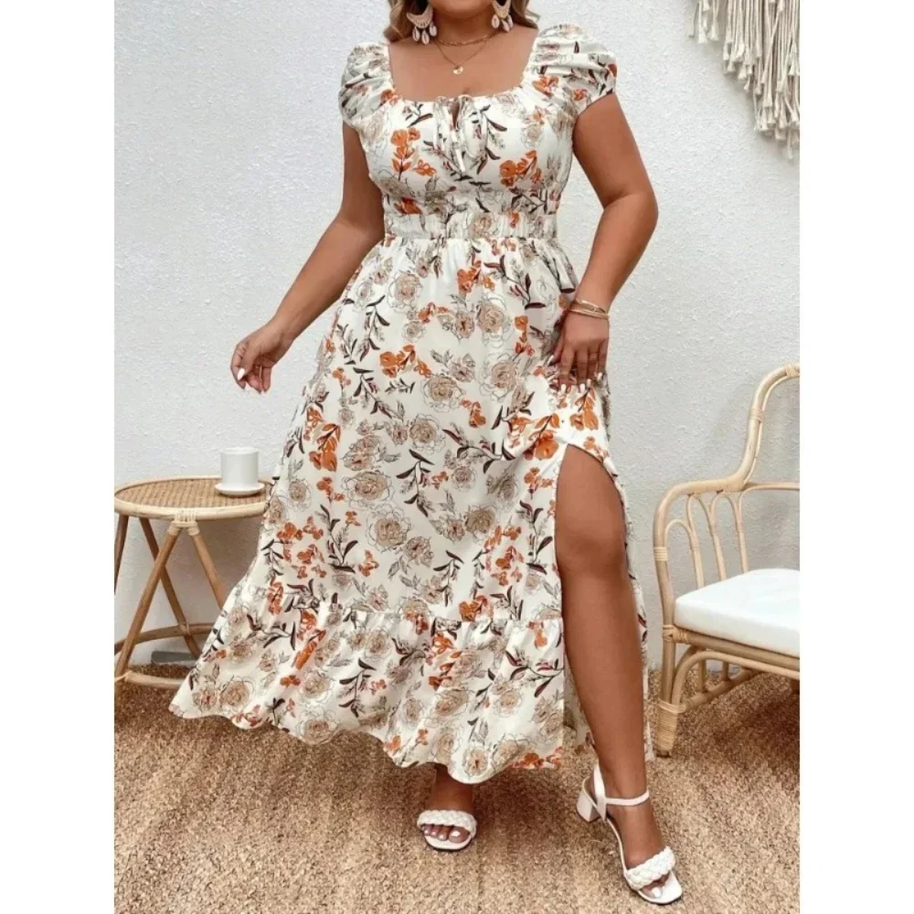 Women\'s 1-5XL Plus Size Suitable for outdoor white flower casual skirt large size women print loose summer dress