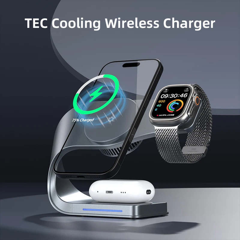 

15W Fast Charging 3 in 1 Wireless Charger TEC Cooling Fan Magnetic Stand for Phone Smart Watch Earbuds