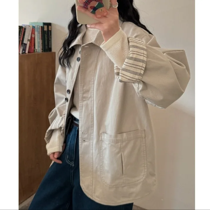 Spring New Design Casual Striped Polo Collar Jacket Women's Short Outerwear Coat with Big Pockets Fashionable Workwear