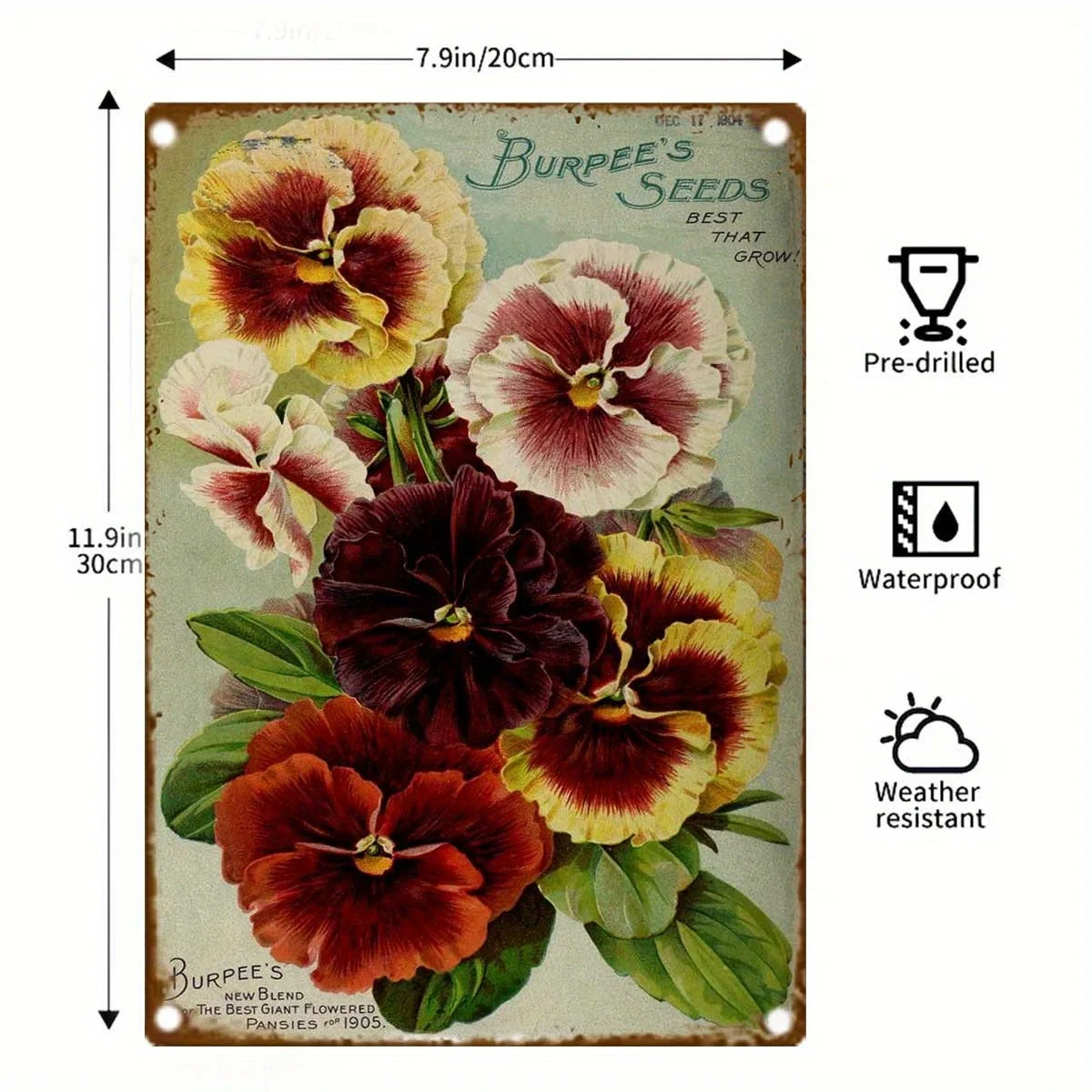 Vintage Pansy Flower Seed Packet Metal Sign, Waterproof Iron Poster Frame, 8.0x12.0inch, Horizontal Oblong Retro Garden Decor, f