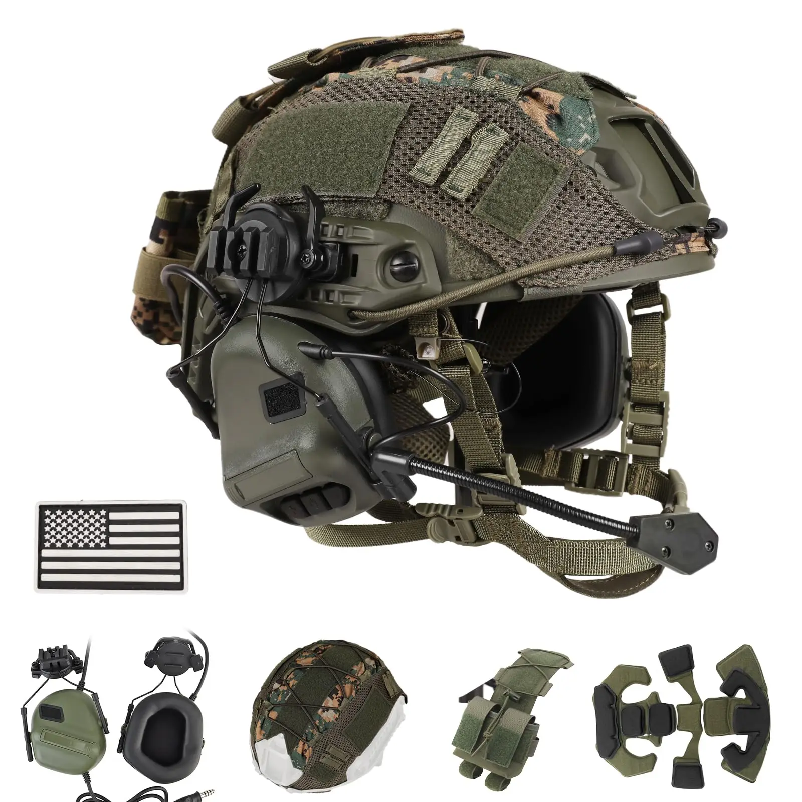 Taktisches Helm-Set, verstellbarer SCHNELLER Schutzhelm mit Headset, Überlebenslicht, NVG-Modell, Signallicht für CS Airsoft Cosplay