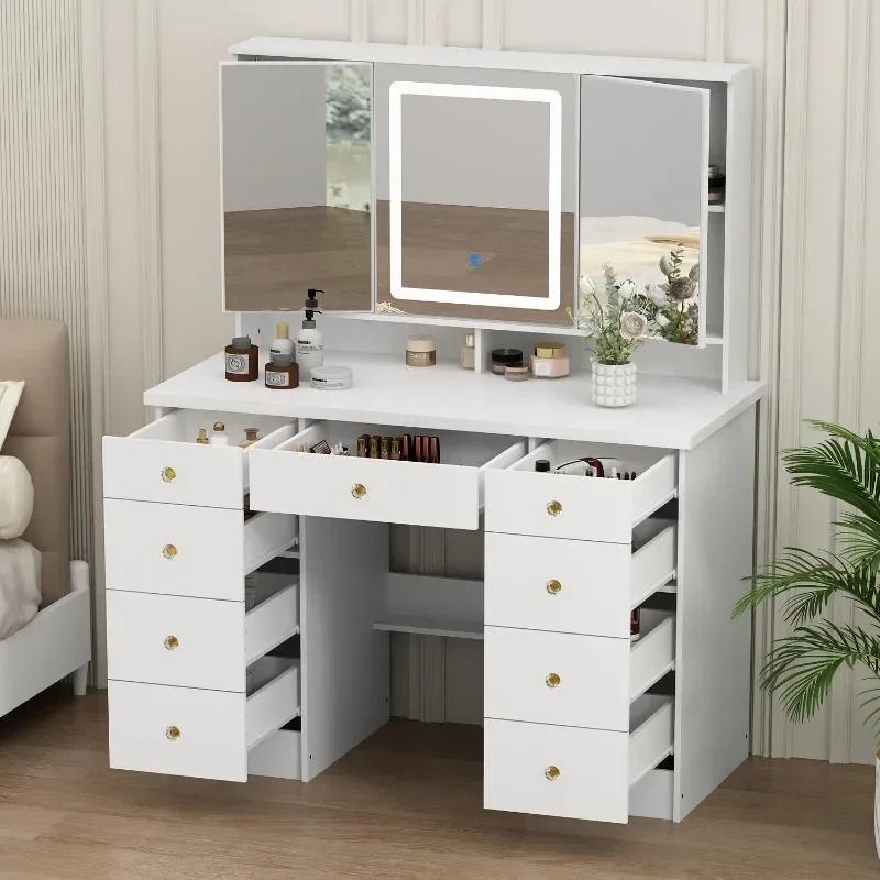 White Vanity Desk with Trifold Mirrors & LED Light, Large Makeup Vanity with 9 Drawers & Shelves, Modern Vanity Desk with Mirr