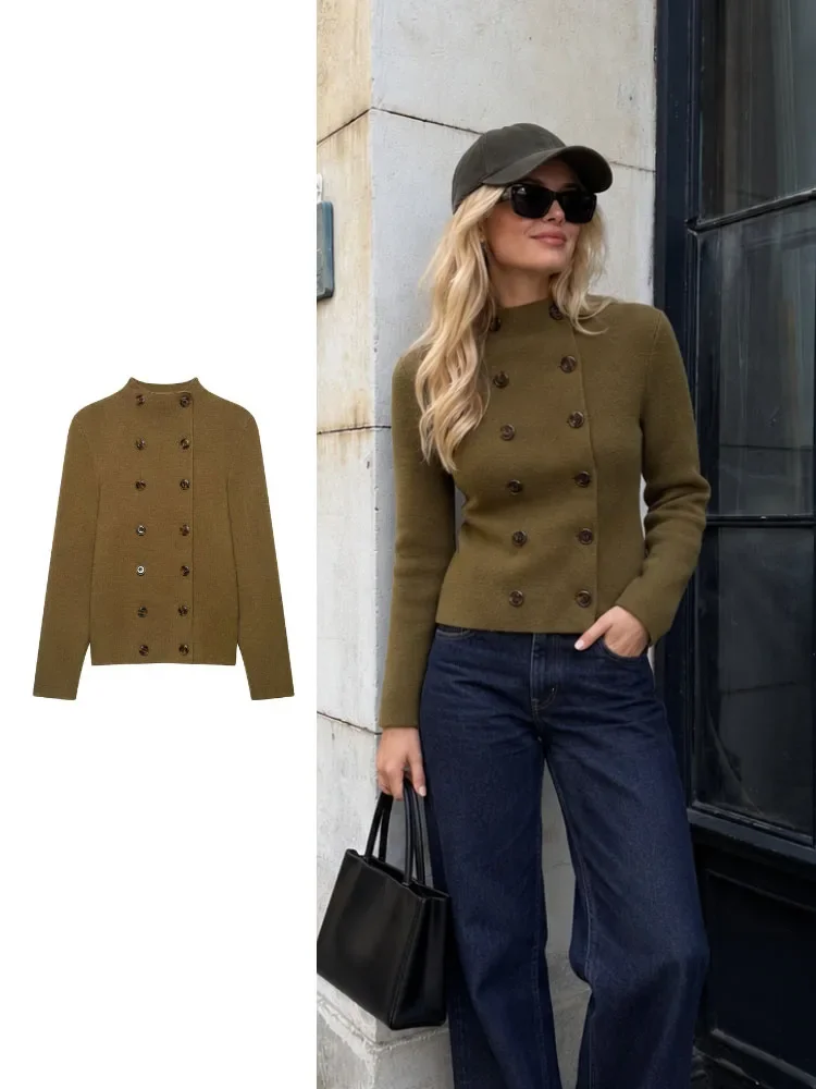 New Women Double Breasted Knit Jacket Autumn Winter Cardigan Coat Elegant Slim Fit Long Sleeve Sweater Outerwear for Fashion