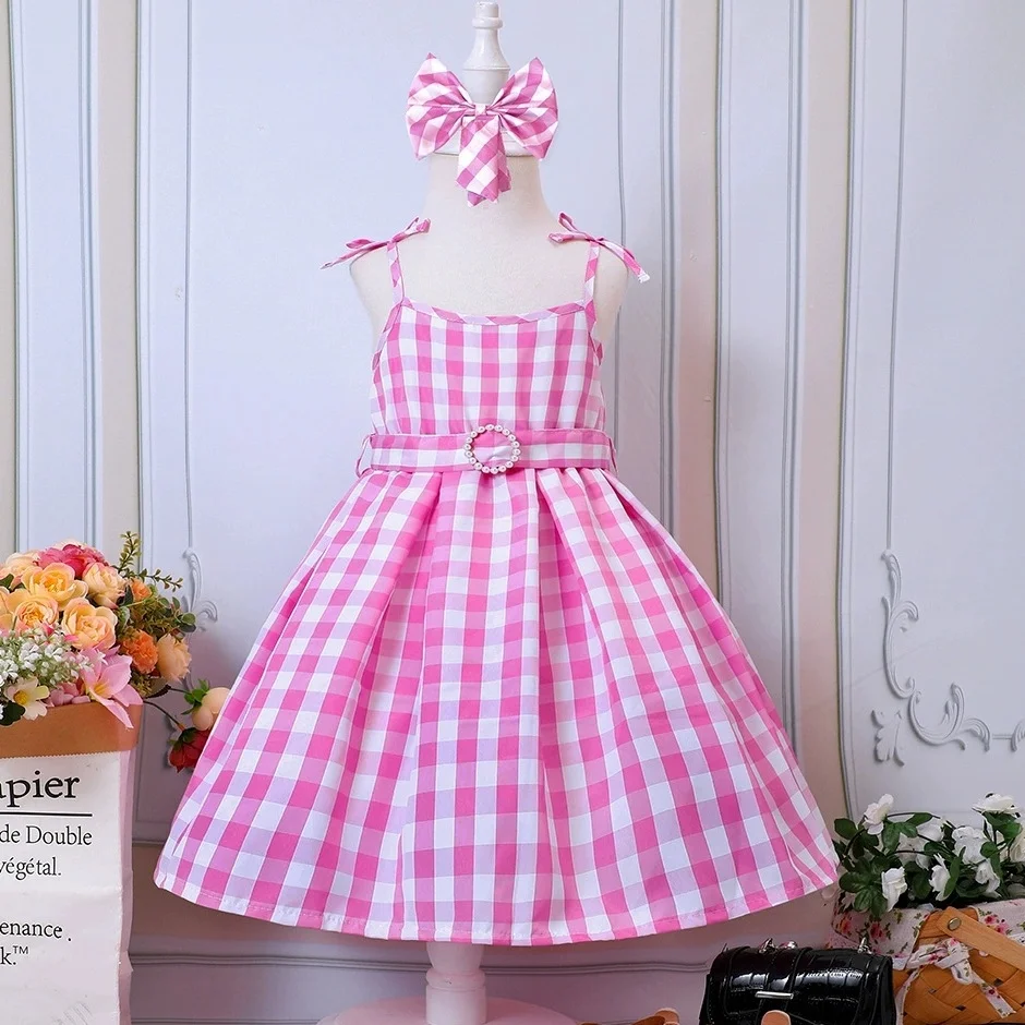 

Girls' Elegant Striped Dress with Bow Sleeveless Ruffle Kids Girl Slip Grid Dresses Summer Outfit For Party Knee-Length Outings