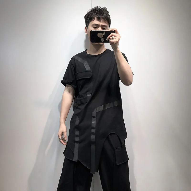 

Men's Irregular Casual Short Sleeve T-Shirt Large Popular Style Asymmetric Wide Panasonic Hem Fashion Solid Color Loose T-Shirt