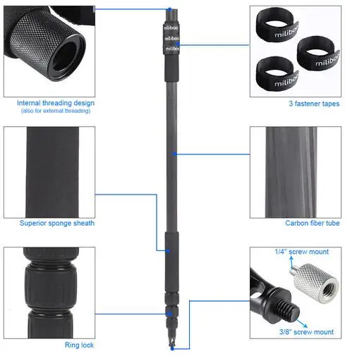 Imagem -04 - Fibra de Carbono Microfone Boom Micro Pólo Titular Mount Stand Leve Telescópica Entrevista Filmagem 300 Centímetros Miliboo-mlz901