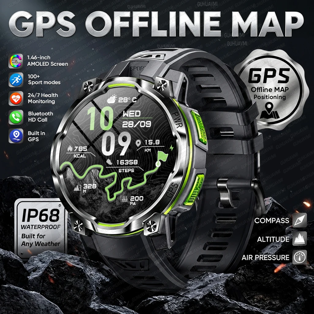 2026 New Offline Map GPS Sports Smart Watch 1200mAh Battery GPS Compass Flashlight IPX8 Waterproof Chat GPT Men Military Watchs