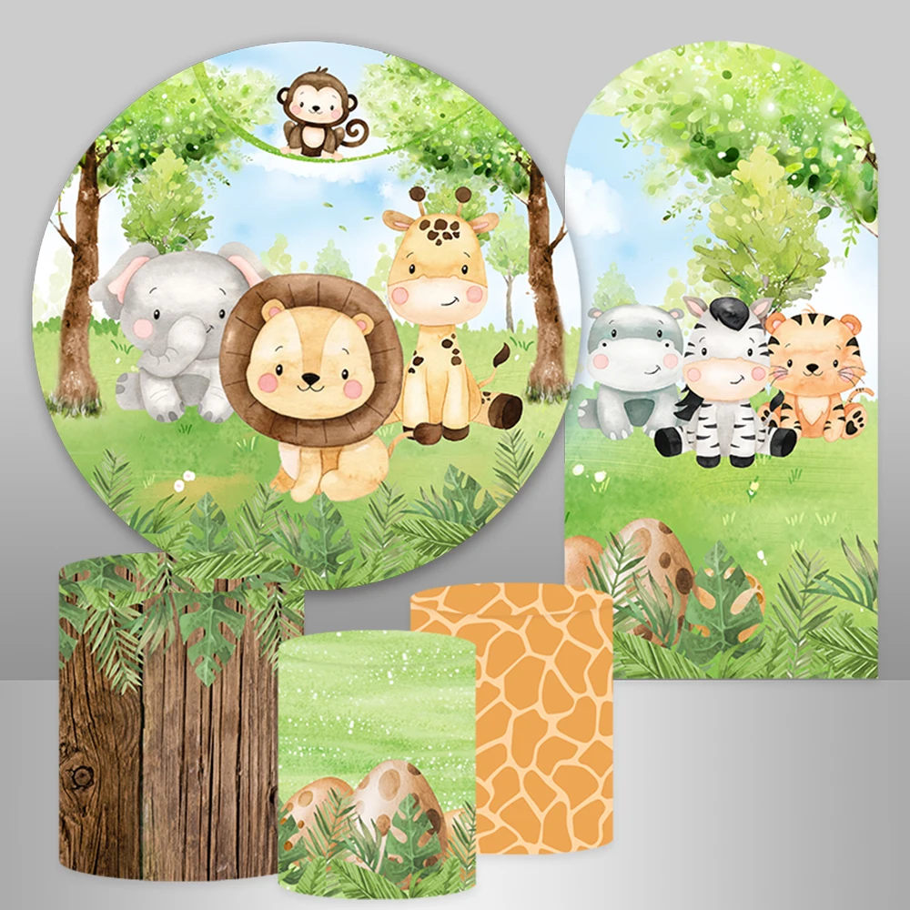 Safari Birthday Arched Wall Backdrop Cover Cartoon Animlas Lion Elephant Newborn Baby Shower Round Backdrop Cylinder Covers