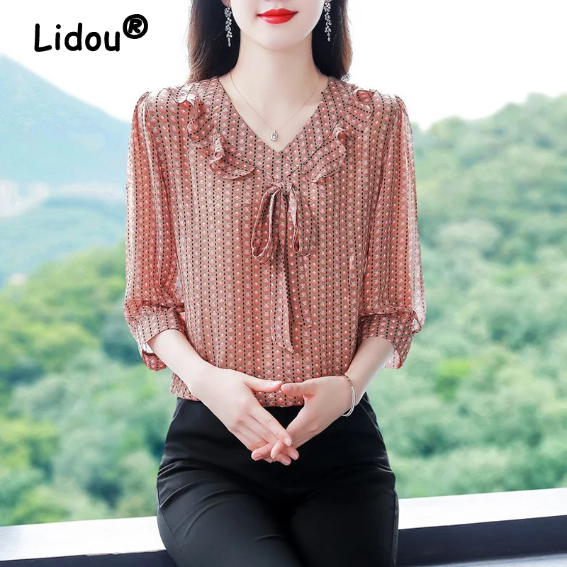 

2023 Women Ruffles Lace Up Print Elegant Blouse Summer Korean Fashion V Neck 3/4 Sleeve Office Lady Business Casua Shirts Blusas