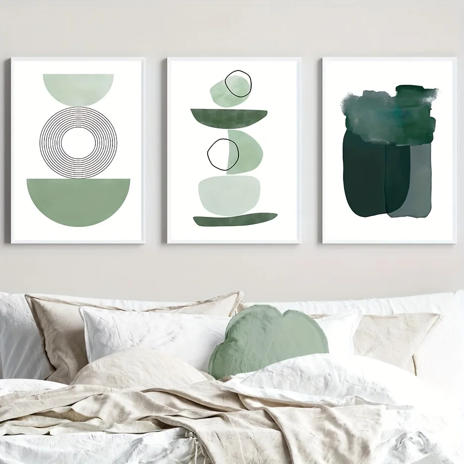 Pinturas artísticas de líneas geométricas abstractas sin marco de 3 paneles, decoración de pared de lienzo en tono verde suave moderno nórdico, sala de estar Vertical