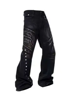 

2026 Punk Y2K Style Rivet Design Washed Black Baggy Flare Jeans Pants For Men Clothing Dark Streetwear Wide Leg Cotton Trousers