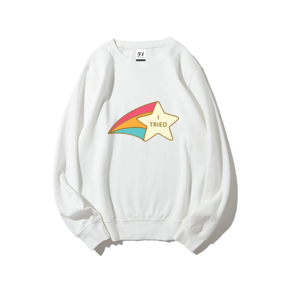 เสื้อสเวตเตอร์ Star Effort I TRIED Star Rainbow Graphic ลําลองหลวมแขนยาวฤดูใบไม้ร่วงส่งเสริมสไตล์น่ารักสบาย Top