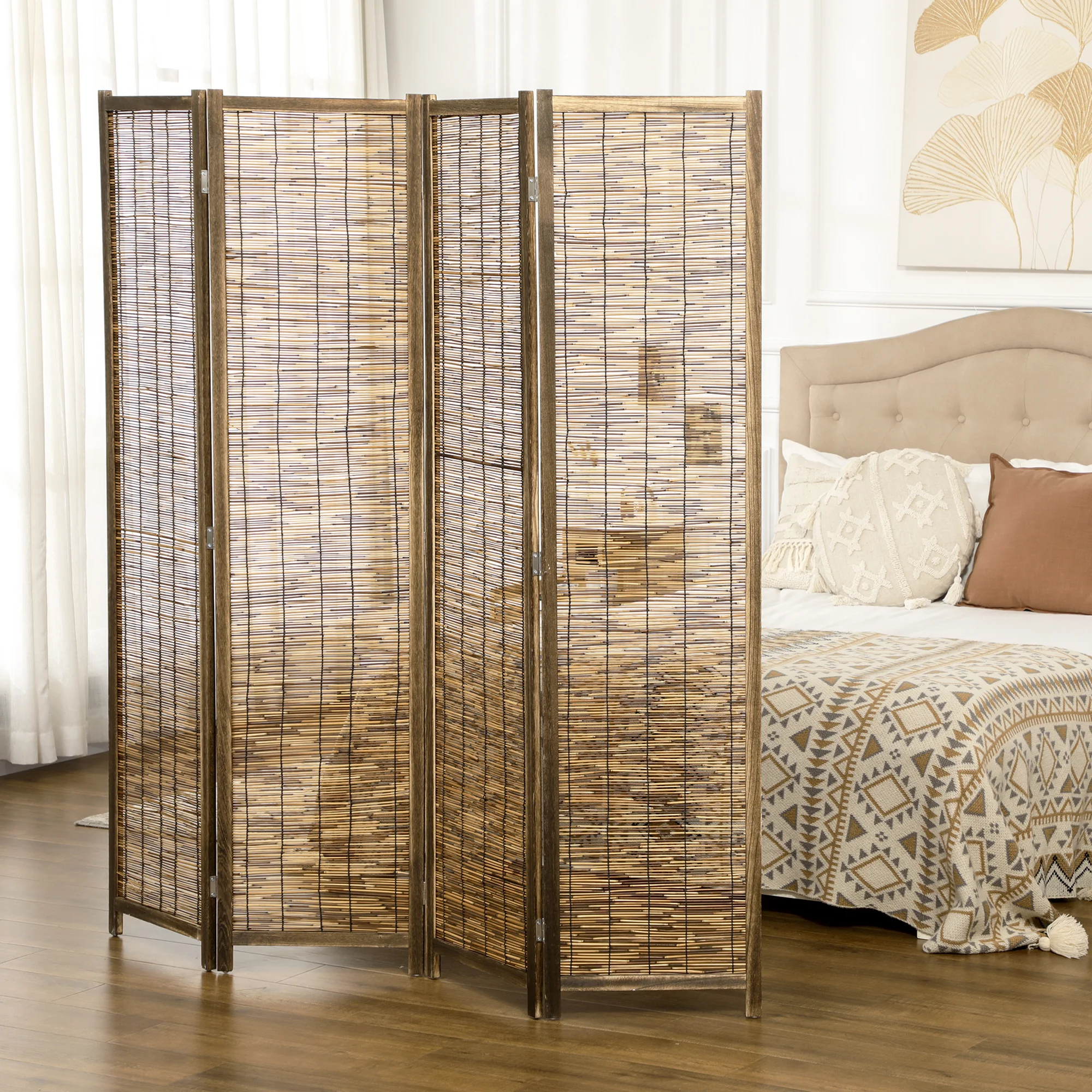 HOMCOM 4 panel folding wooden and Reed 160x1,8x170 cm Natural