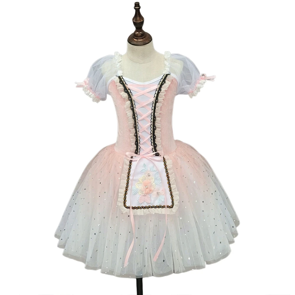 Kids Princess Ballet Tutu Dress Puff Sleeve Lace-up Bodice Fluffy Tulle Skirt Ballerina Outfit for Girls Suitable for Dance Show