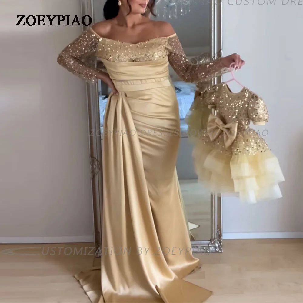 Eleganti abiti da sera con perline lucide in raso con spalle scoperte abiti da ballo a maniche lunghe Dubai Vestido De 2024 vestidos de fiesta