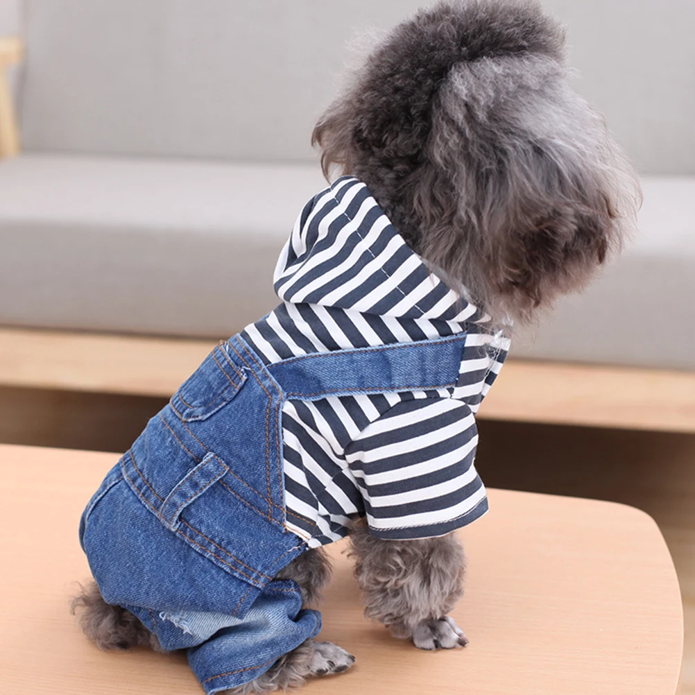 

Elegant Striped Suspenders Jumpsuit Denim Dog Clothes Four Legs Wearable Christmas Pet Outfit Warm Stylish Dog Sweater