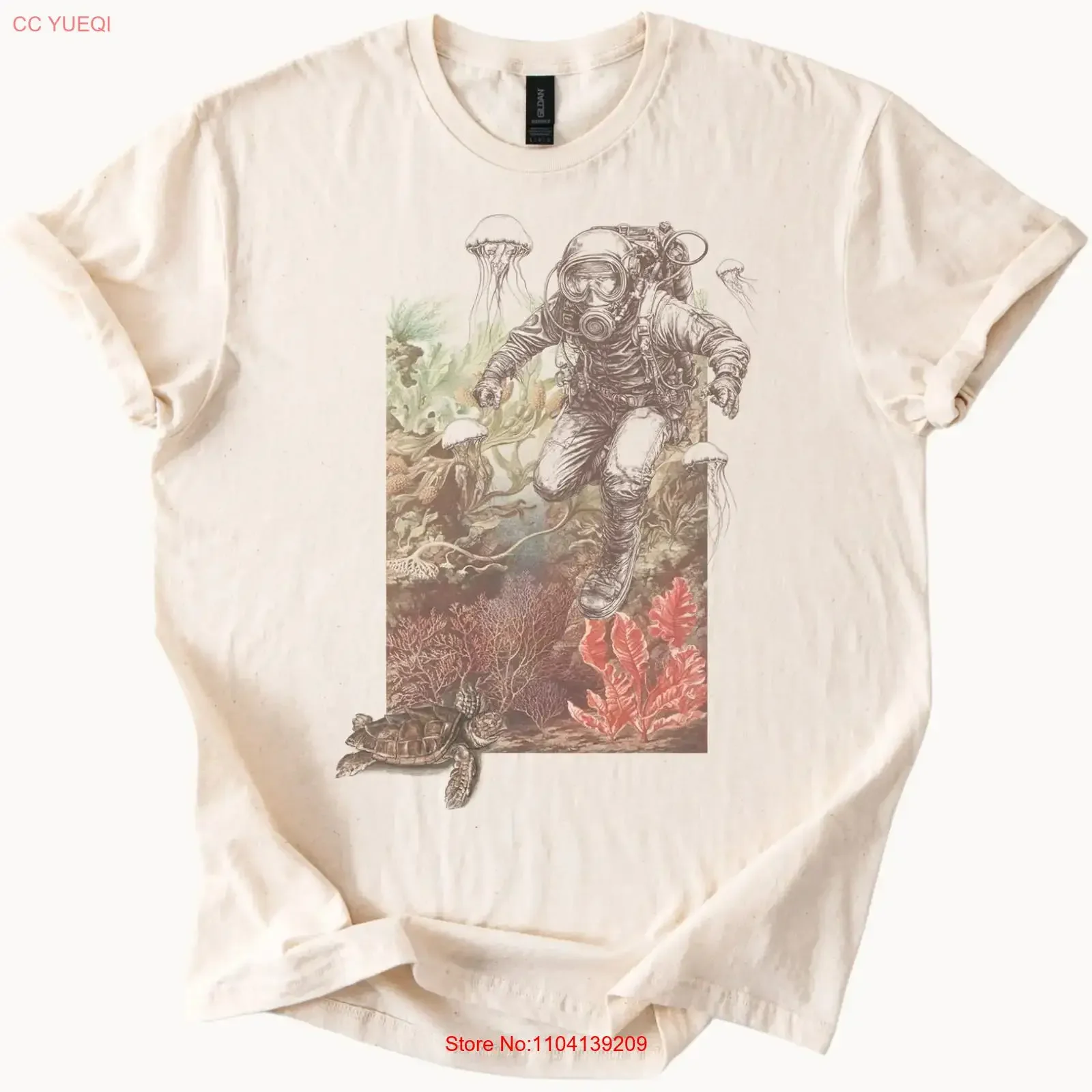 Deep Sea Diver Underwater Scene T Shirt Ocean Turtle Coral ArT vintage Washed Slightly Comfortable Top For Everyday Wear