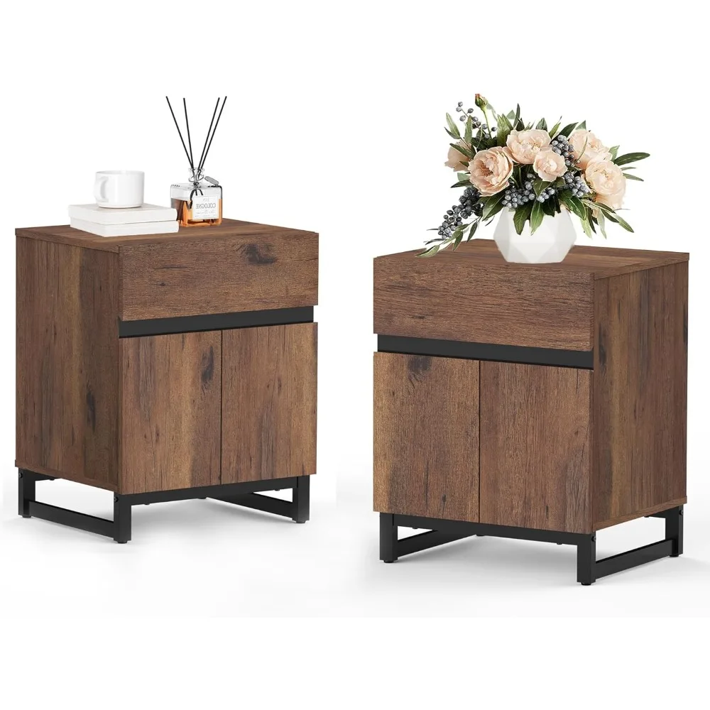 

2 Piece Modern End Table with 1 Drawer & 1 Storage Cabinet, Farmhouse Sofa Table, Wooden Rustic Side Sofa Table with Metal